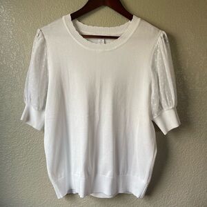 Liz Claiborne Womens Medium White Scalloped Neck Puff Sleeve Classic Knit Top